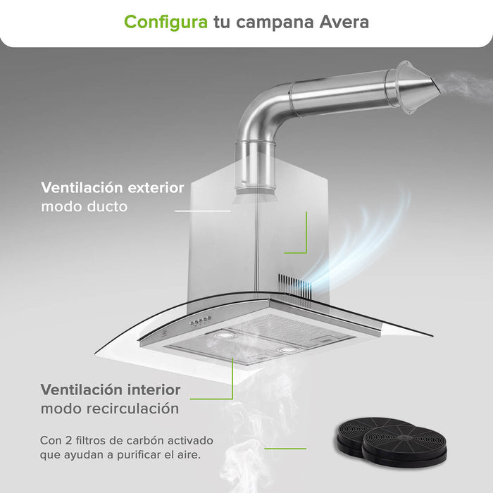 Campana de cocina de isla curva 90 cm acero inoxidable y vidrio templado