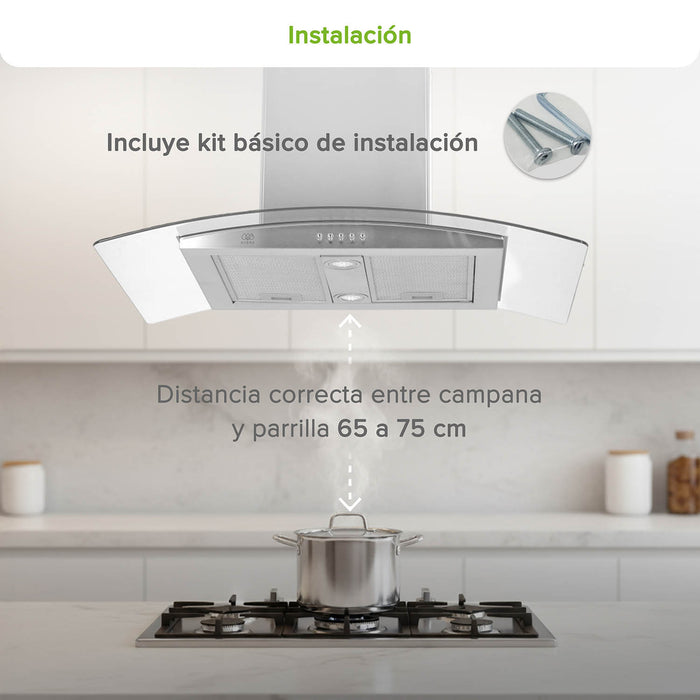 Campana de cocina de isla curva 90 cm acero inoxidable y vidrio templado
