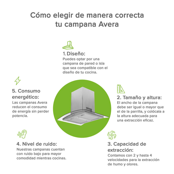 Campana de cocina de isla curva 76 cm acero inoxidable y vidrio templado