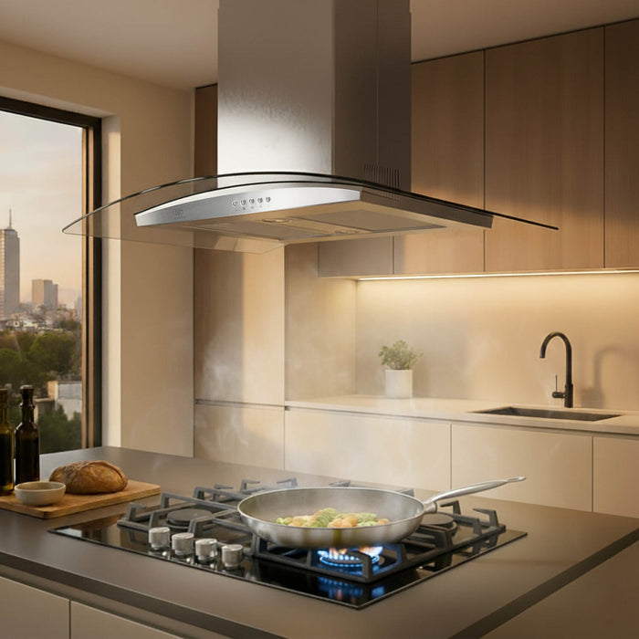 Campana de cocina de isla curva 76 cm acero inoxidable y vidrio templado