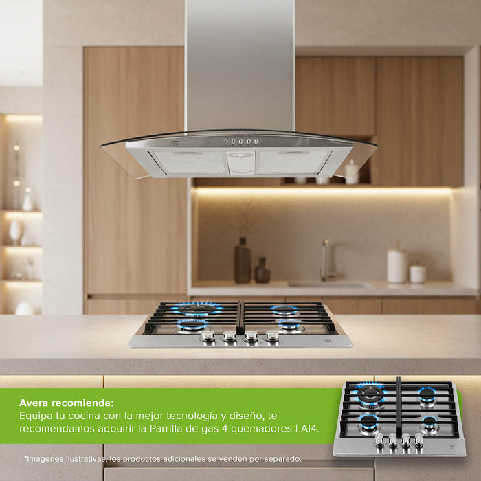 Campana de cocina de isla curva 76 cm acero inoxidable y vidrio templado