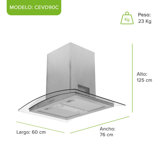 Campana de cocina de isla curva 76 cm acero inoxidable y vidrio templado