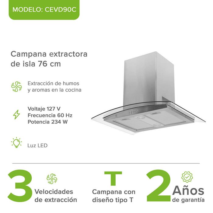 Campana de cocina de isla curva 76 cm acero inoxidable y vidrio templado