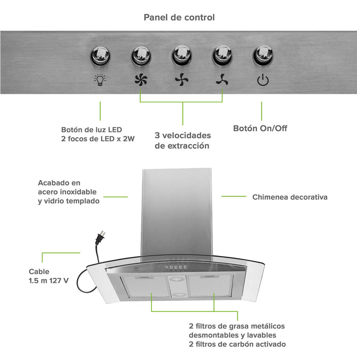 Campana de cocina de isla curva 76 cm acero inoxidable y vidrio templado