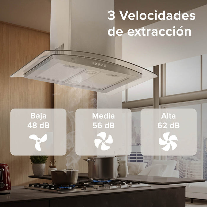 Campana de cocina de isla curva 76 cm acero inoxidable y vidrio templado