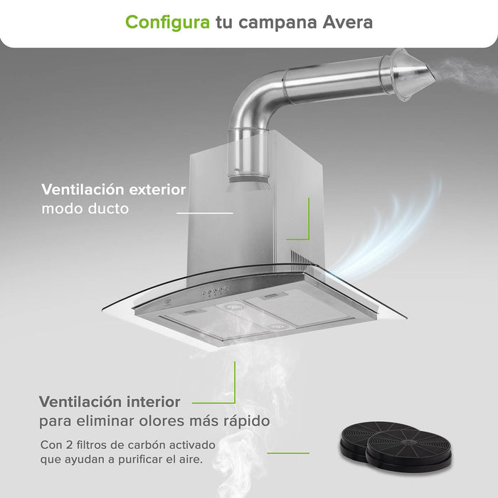 Campana de cocina de isla curva 76 cm acero inoxidable y vidrio templado