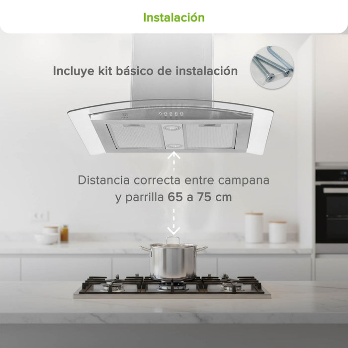 Campana de cocina de isla curva 76 cm acero inoxidable y vidrio templado