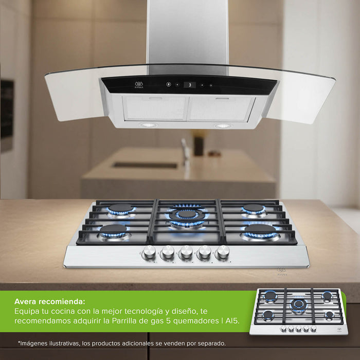 Campana de cocina de pared 90 cm en acero inoxidable y vidrio templado con panel digital