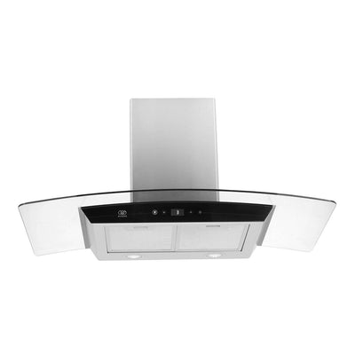 Campana de cocina de pared curva 90 cm control táctil con temporizador, acero inoxidable y vidrio templado