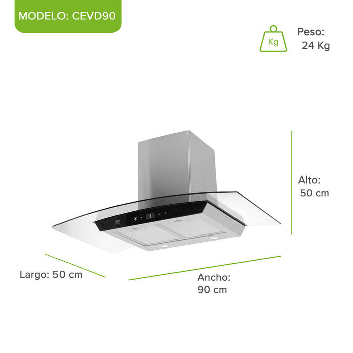 Campana de cocina de pared 90 cm en acero inoxidable y vidrio templado con panel digital