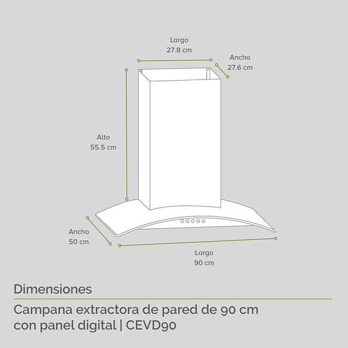 Campana extractora para cocina de pared en cristal templado y panel digital 90 cm