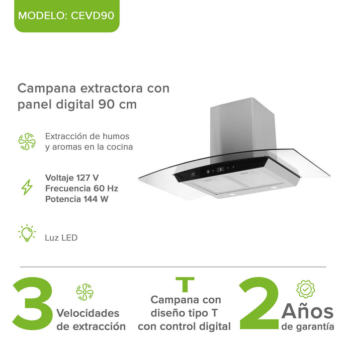 Campana de cocina de pared 90 cm en acero inoxidable y vidrio templado con panel digital