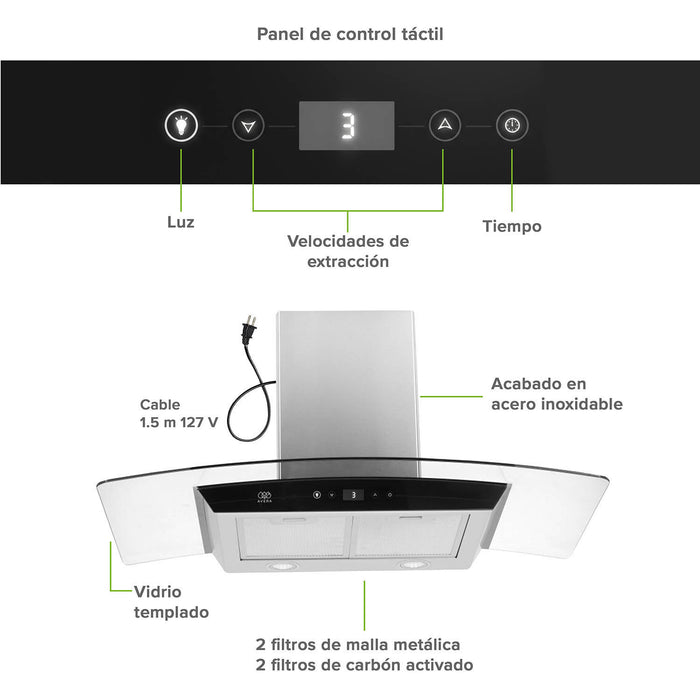 Campana de cocina de pared 90 cm en acero inoxidable y vidrio templado con panel digital