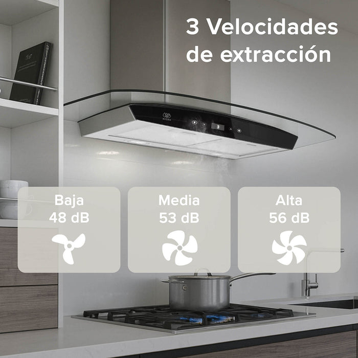 Campana de cocina de pared 90 cm en acero inoxidable y vidrio templado con panel digital