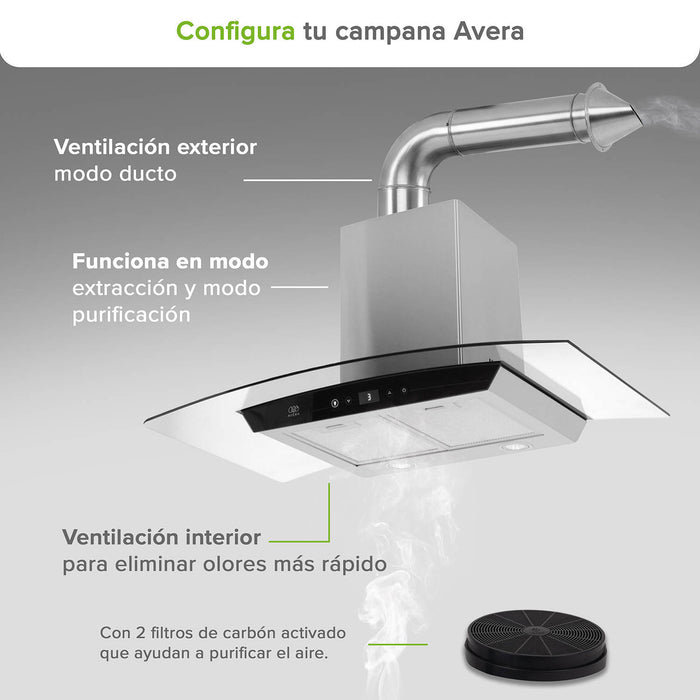 Campana de cocina de pared 90 cm en acero inoxidable y vidrio templado con panel digital
