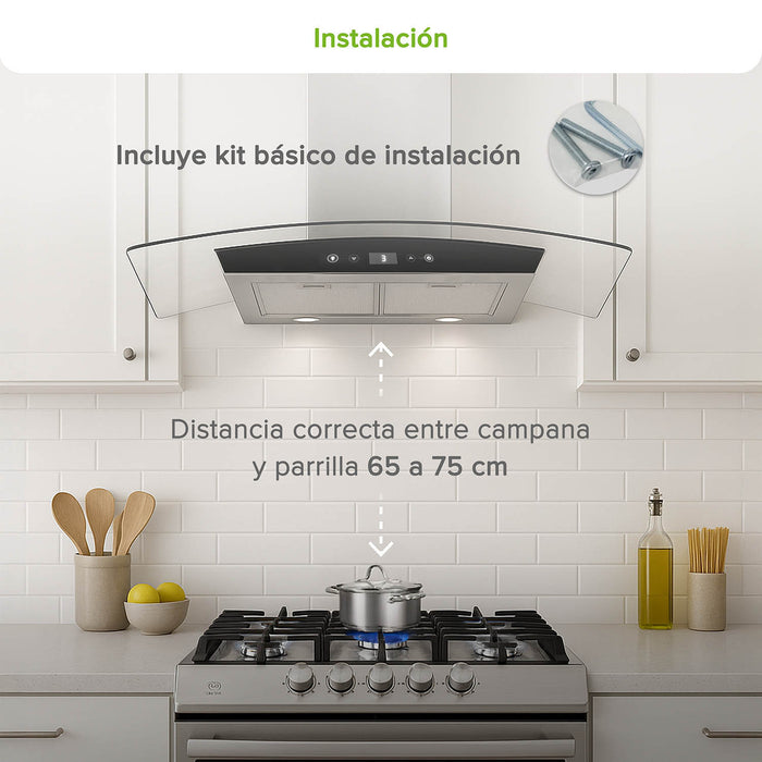 Campana de cocina de pared 90 cm en acero inoxidable y vidrio templado con panel digital