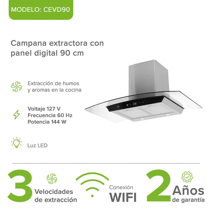 Campana de cocina de pared curva 90 cm control táctil y WiFi con temporizador, acero inoxidable y vidrio templado