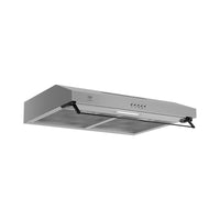 Campana extractora de pared vista 3/4, control del panel por botones, bisel de vidrio, luz LED filtros metalicos