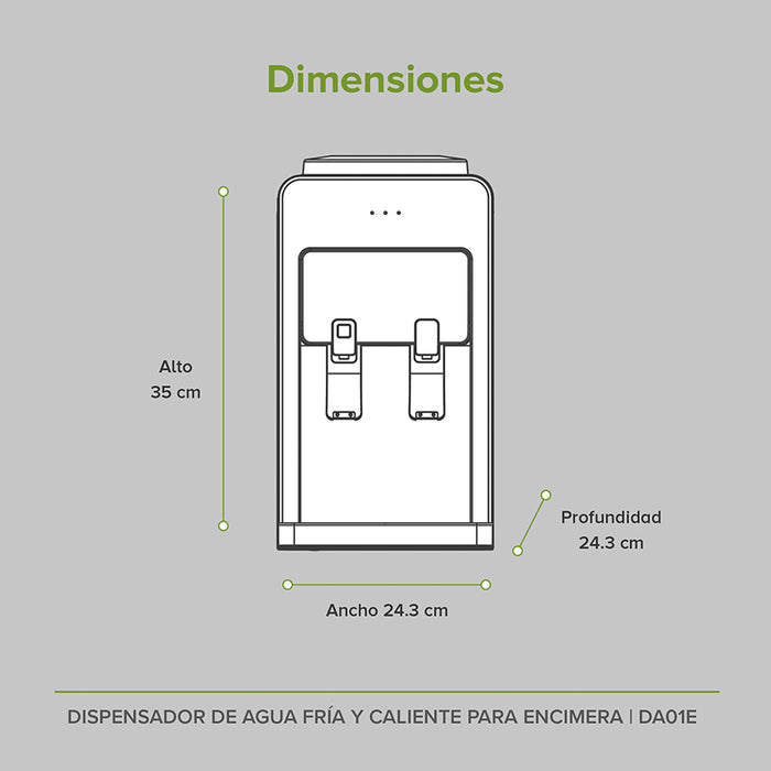 Dimensiones del dispensador de agua para mesa: alto 35cm, ancho 24.3cm, profundidad 24.3cm.