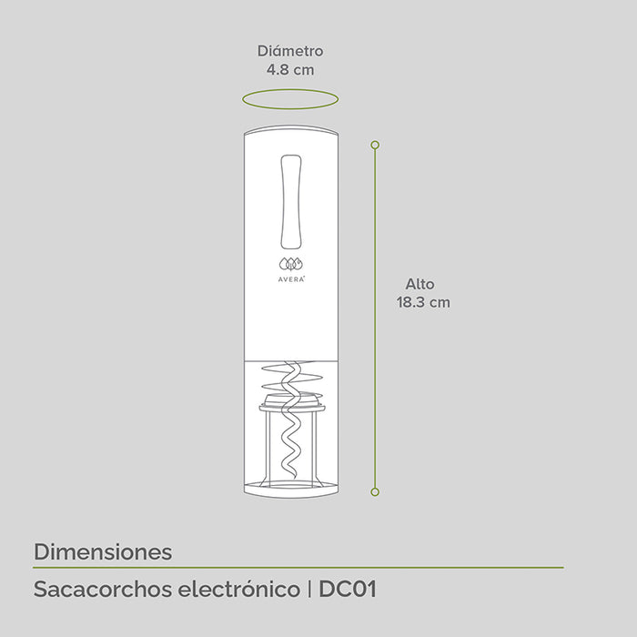 Medidas sacacorchos eléctrico recargable: alto 18.3cm, diámetro 4.8cm