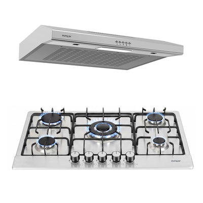 Combo Parrilla de gas 5 quemadores acero inoxidable 76 cm + Campana de pared 80 cm - eurogar