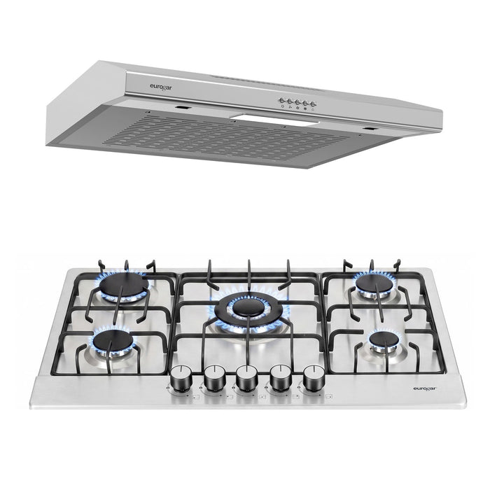 Combo Parrilla de gas 5 quemadores acero inoxidable 76 cm + Campana de pared 80 cm - eurogar