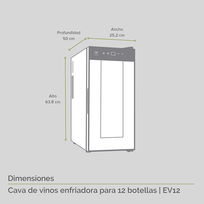 Dimensiones de la cava de vinos: alto 63.8cm, profundidad 50cm, ancho 25.2cm