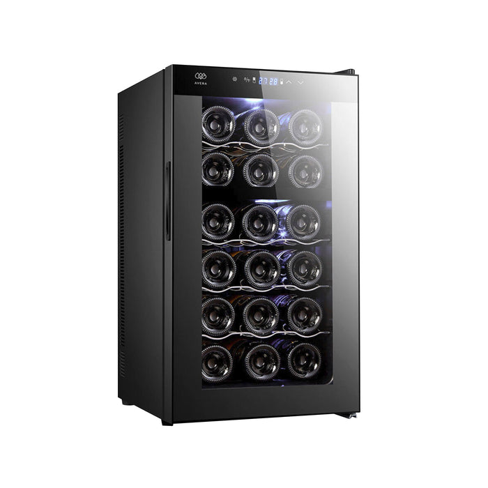 Cava de vinos Avera negra para 18 botellas con doble zona de temperatura, enfriamiento termoeléctrico y panel digital.
