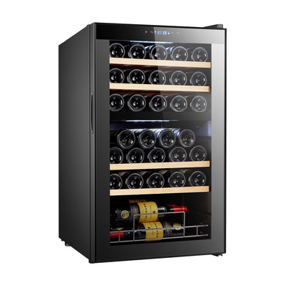 Cava de vinos 33 botellas con doble zona temperatura enfriamiento por compresor y estantes de madera 88 L