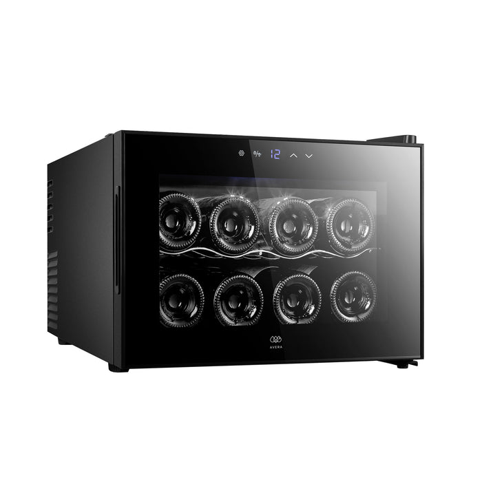 Cava de vinos termoeléctrica Avera para 8 botellas con puerta de cristal, acabado espejo y panel digital táctil.