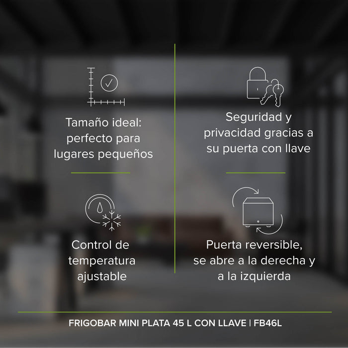 Caracteríticas mini frigobar: perfecto para espacios pequeños, llave de seguridad en la puerta, control de temperatura ajustable, puerta reversible.