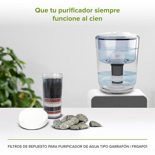 Purificador de agua tipo garrafón y su filtro purificador de 3 etapas.