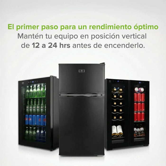 Frigobar, enfriador de bebidas y cava de vinos negros con puerta de cristal e instrucciones de uso vertical.