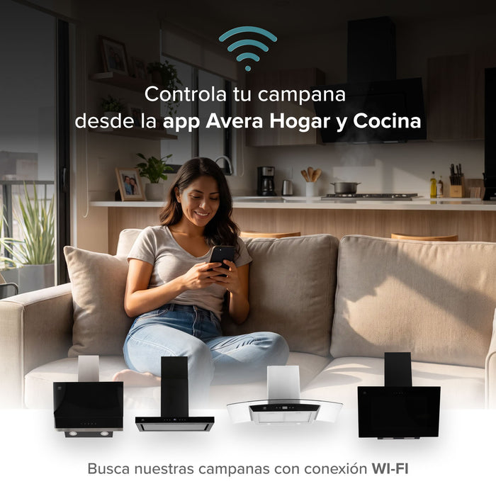 Campana de cocina para isla tipo T 76 cm, 780 m3/h de extracción control táctil y WiFi con temporizador, acero inoxidable - negro