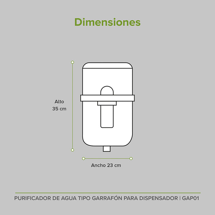 Dimensiones del purificador de agua tipo garrafón: alto 35cm, ancho 23cm.