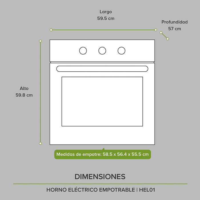 Medidas del horno eléctrico: alto 59.8cm, largo 59.5cm, profundidad 57cm.