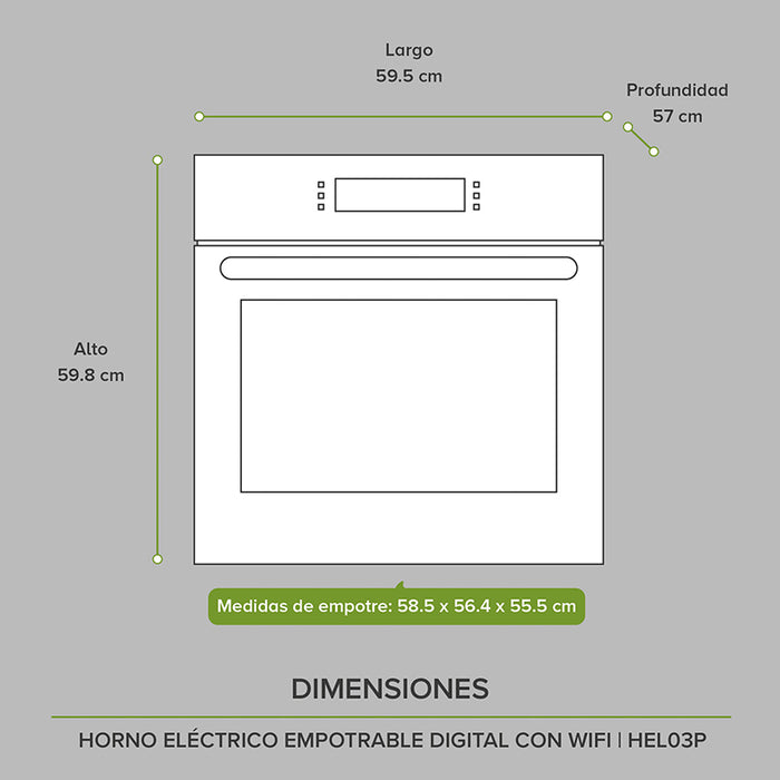 Dimensiones del horno eléctrico: alto 59.8cm, largo 59.5cm, profundidad 57cm.