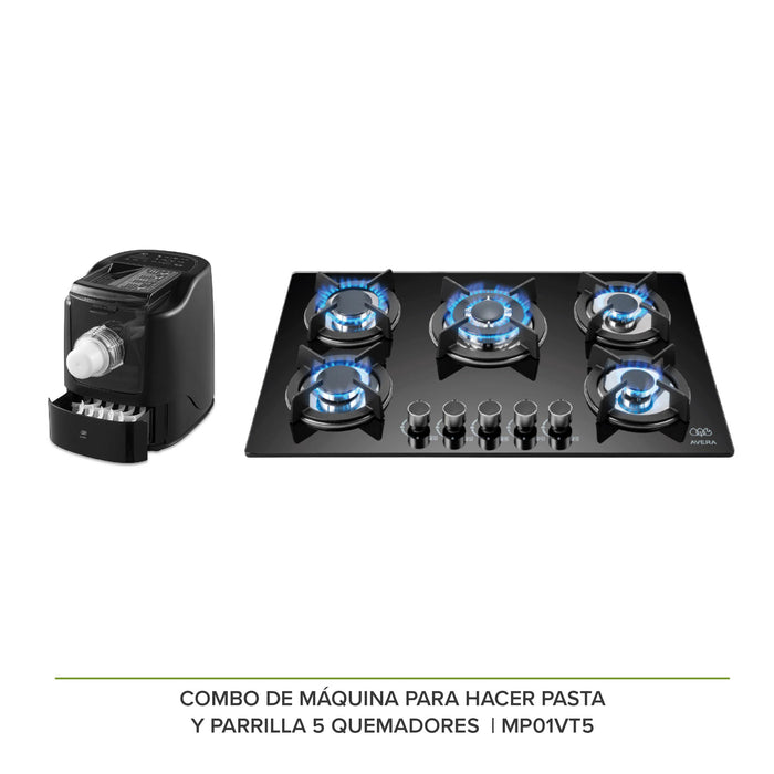 Combo Máquina para hacer pasta + Parrilla de gas de vidrio templado con 5 quemadores