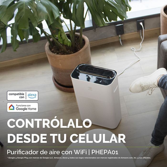 Purificador de aire visto desde arriba y es compatible con los asistentes virtuales alexa y Google Home.