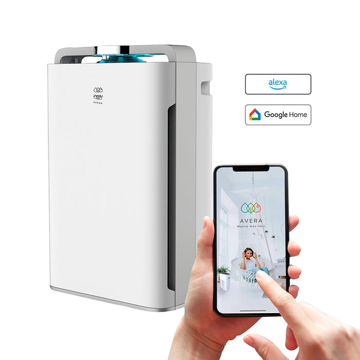 Purificador de aire con humidificador que se controla a través de WiFi y es compatible con asistentes viruales Alexa y Google Home.