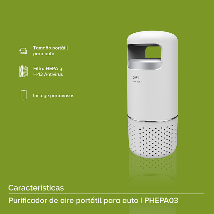 Características purificador de aire portátil: filtro HEPA y H-13 Antivirus, incluye portavasos.