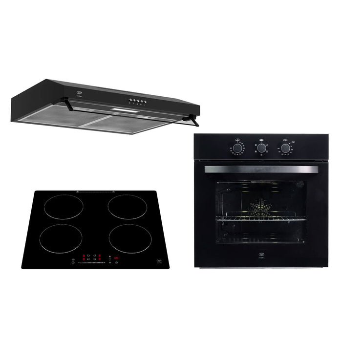 Tricombo Parrilla de inducción 4 quemadores 59 cm + Campana de pared con bisel de vidrio 60 cm + Horno empotrable eléctrico 67 L
