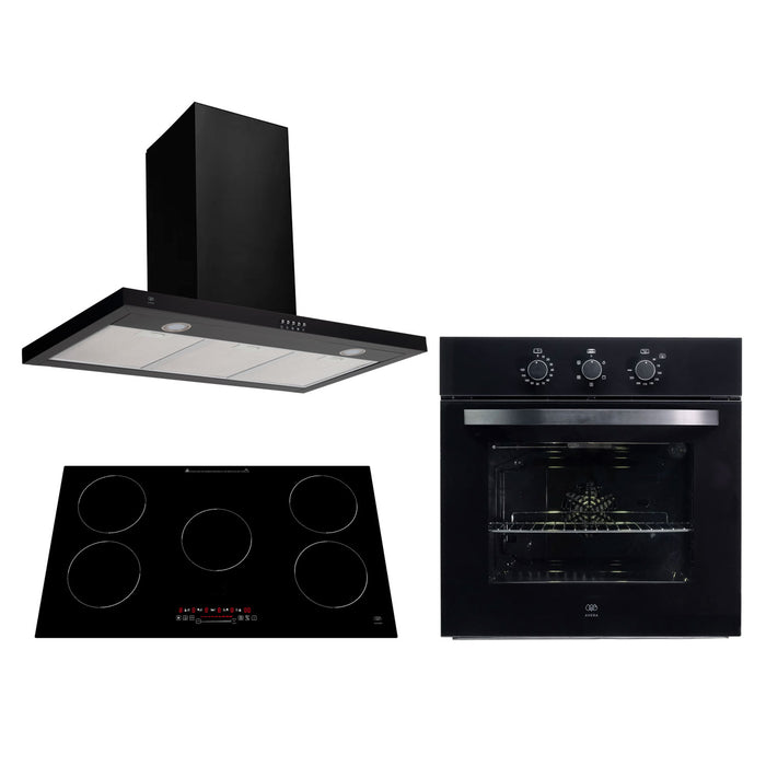 Tricombo Parrilla de inducción 5 quemadores con booster 90 cm + Campana de pared tipo T 90 cm + Horno eléctrico 67 L