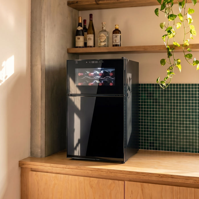 Cava de vinos y enfriador de bebidas 2 en 1 para 8 botellas y 36 latas, doble zona de temperatura 63 L