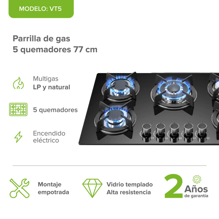 Parrilla de gas 5 quemadores 77 cm en vidrio templado con soporte circular y quemador central - negro