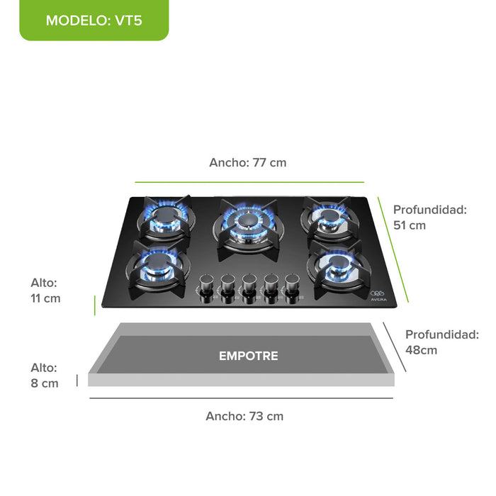 Parrilla de gas 5 quemadores 77 cm en vidrio templado con soporte circular y quemador central - negro
