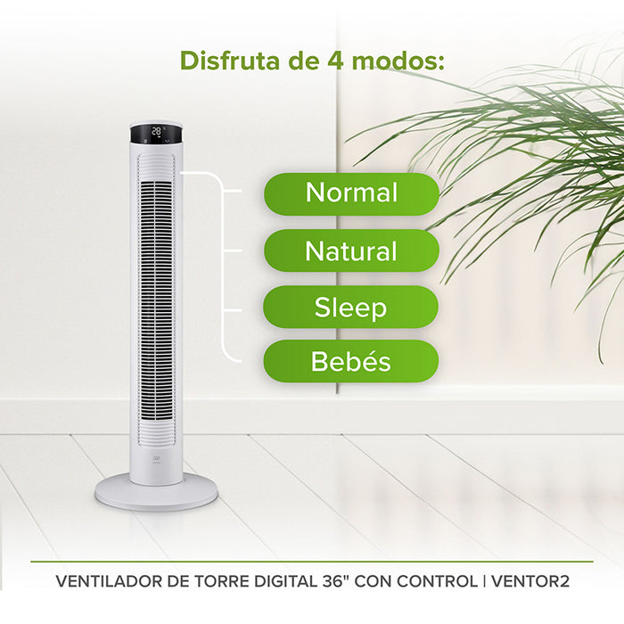 Ventilador de torre blanco 4 modos: normal, natural, sleep, bebés.