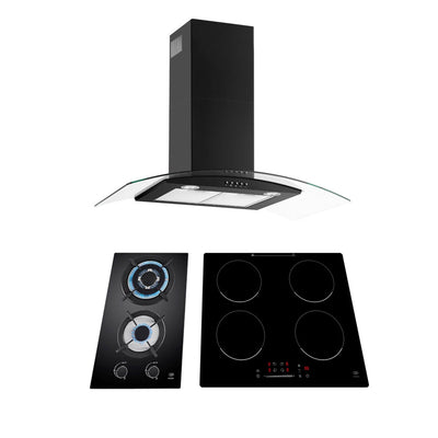 Combo Parrilla de inducción 4 quemadores + Parrilla de gas 2 quemadores + Campana de pared curva negra 90 cm