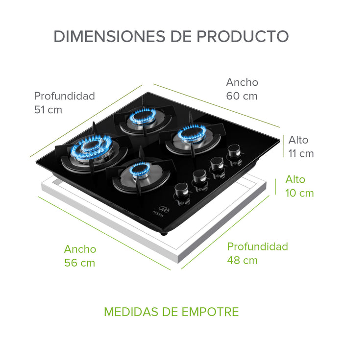 Combo Parrilla de gas Vidrio templado 4 quemadores + Campana de pared acero inoxidable 60 cm negro