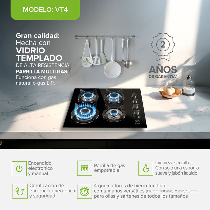 Combo Parrilla de gas Vidrio templado 4 quemadores + Campana de pared acero inoxidable 60 cm negro